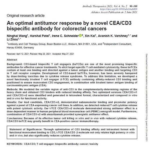 Boan Biotech Publishes Research Results for CEA/CD3 Bispecific Antibody in Antibody Therapeutics