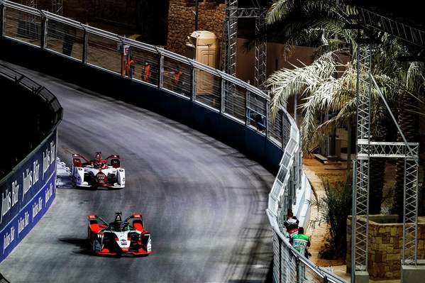 Diriyah E-Prix underway as the first all-electric Formula E night race lights up the skies of Saudi Arabia