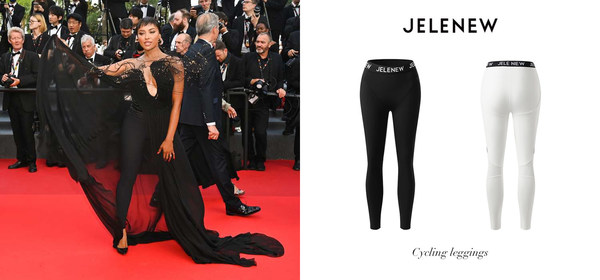 Jelenew and Stephane Rolland, tailor-made cycling pants-haute couture dress for star Kat Graham to attend the red carpet of the 75th Cannes Film Festival