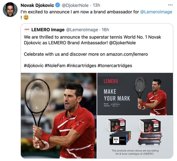 The Printer Cartridge Brand - LEMERO Announces Novak Djokovic as Brand Ambassador