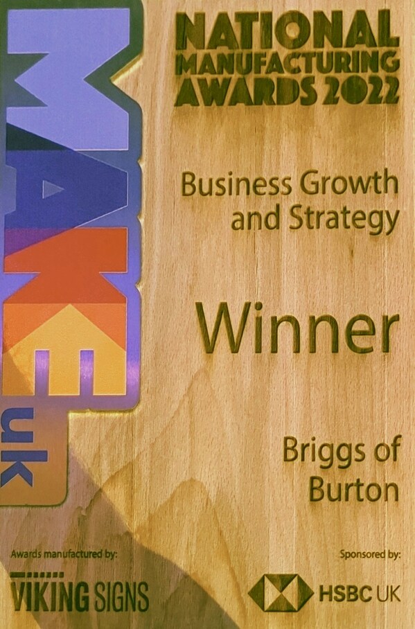 Briggs wins "National Manufacturing Award 2022" at Make UK, UK's leading Manufacturer's Organization