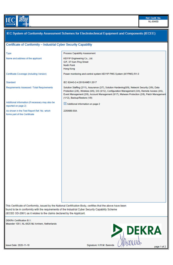 First IEC 62443 CB Cyber Security Certificate in Hong Kong Electricity Industry Issued by DEKRA