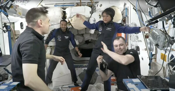 Saudi Space Commission (SSC): The two Saudi astronauts Rayyanah Barnawi and Ali AlQarni arrive at the International Space Station, The team crew welcome and greet them