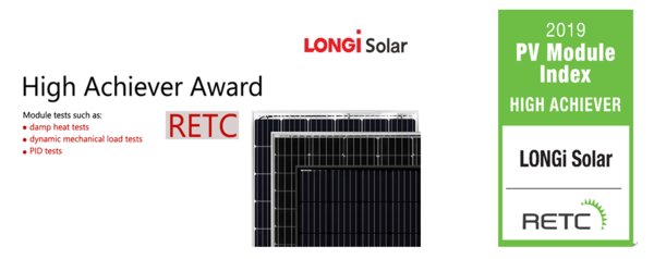 LONGi awarded RETC High Achiever Award for excellent module performance