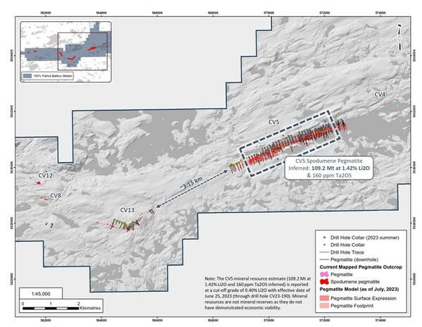 Patriot Extends Strike Length to 4.35 km at the CV5 Spodumene Pegmatite, Corvette Property, Quebec, Canada