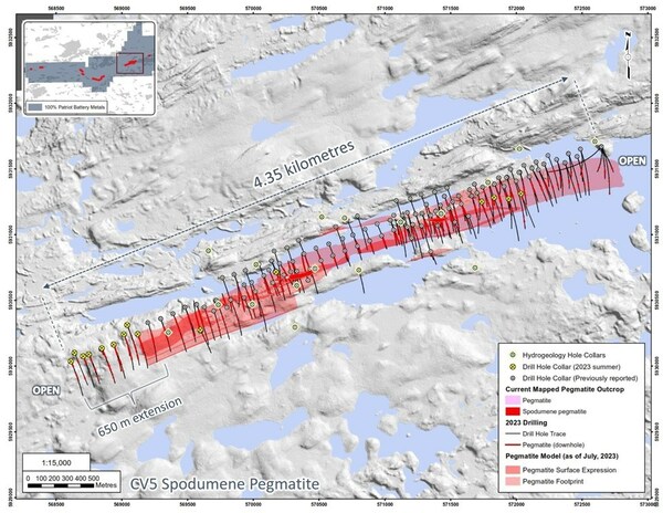 Patriot Extends Strike Length to 4.35 km at the CV5 Spodumene Pegmatite, Corvette Property, Quebec, Canada